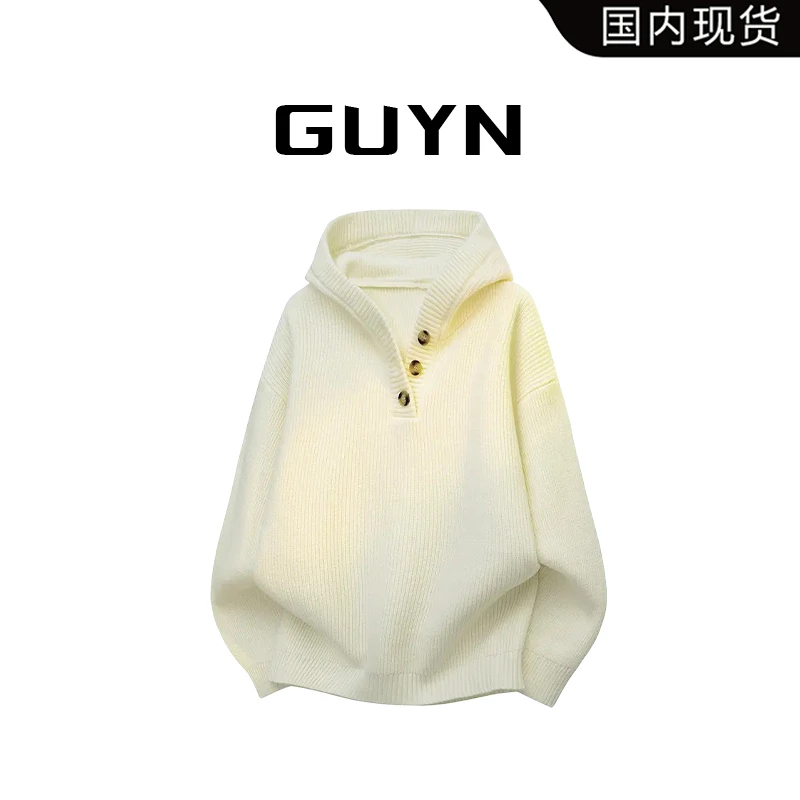 【品牌现货】GUYN美式连帽毛衣男款春秋季宽松高级感情侣针织衫外套
