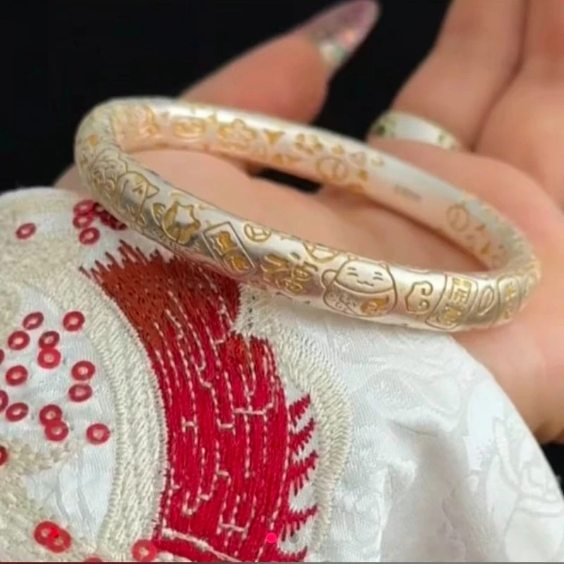 足银手镯 足银47号【大吉言】足银999手镯实心闭口60g古法描金吉言