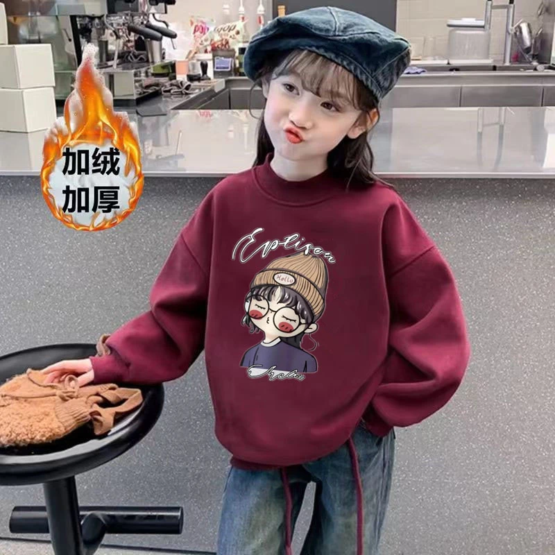 女童加绒卫衣秋冬季2025新款中大儿童洋气卡通打底衫女孩外穿上衣