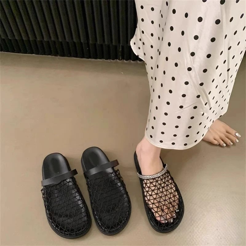 厚底渔网包头半拖鞋女夏外穿2025新款休闲镂空罗马鞋配裙子凉拖鞋