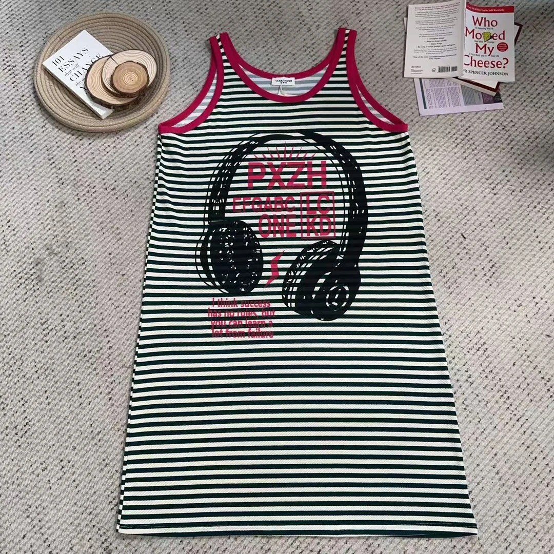 2025夏季新款韩版休闲宽松条纹卡通印花吊带背心连衣裙4411