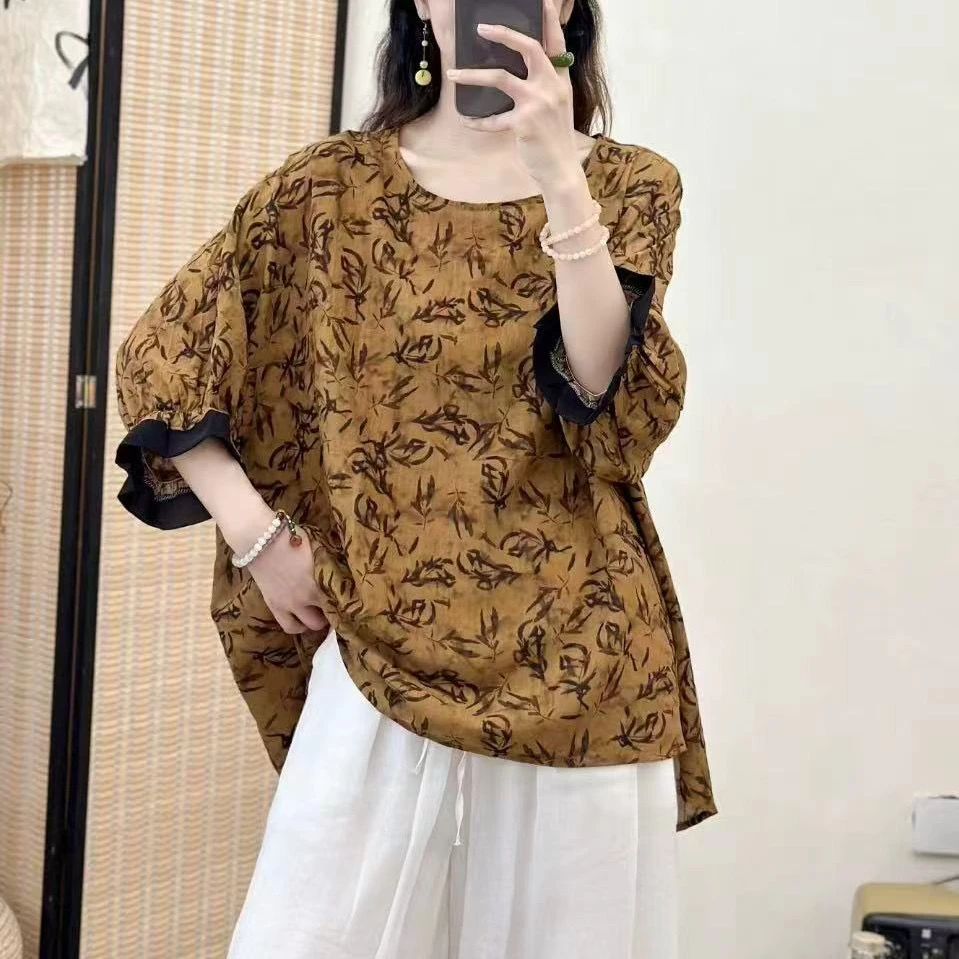 287新款夏季气质时尚减龄碎花宽松T恤小衫