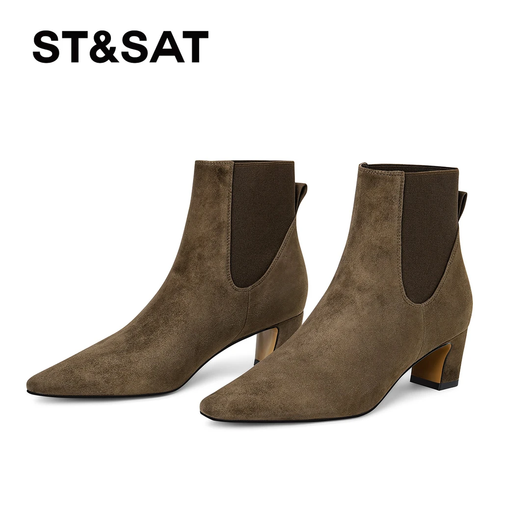 St&Sat/星期六粗跟百搭女靴尖头秋冬马丁靴短筒气质时尚时装靴