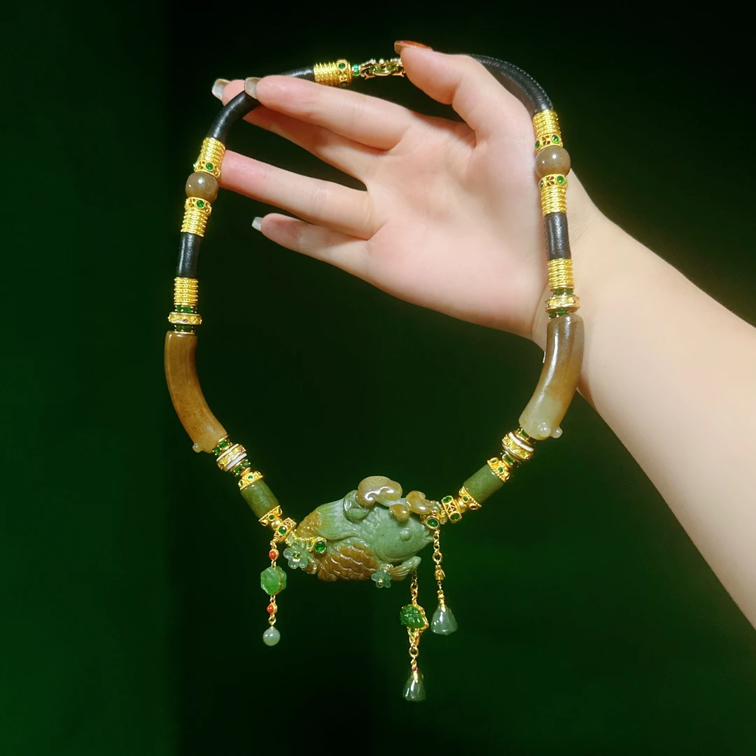 原创国风时髦黄加绿翡翠小鱼如意颈链/项链/毛衣链【天玺珠宝】