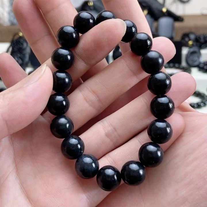 未镶嵌手链和田玉（墨玉）卡12圆珠手串高羊脂