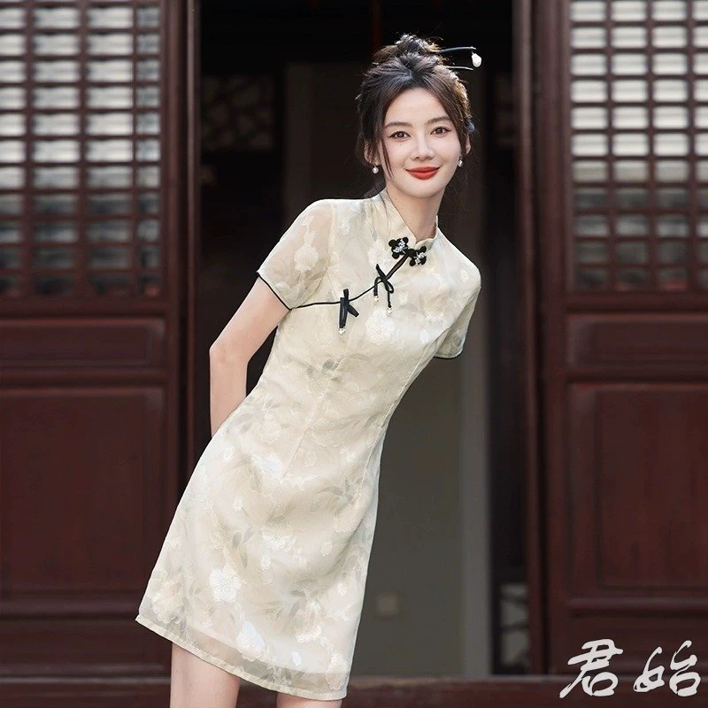改良旗袍新款小个子日常短款中式年轻款连衣裙女短款旗袍夏季甜美