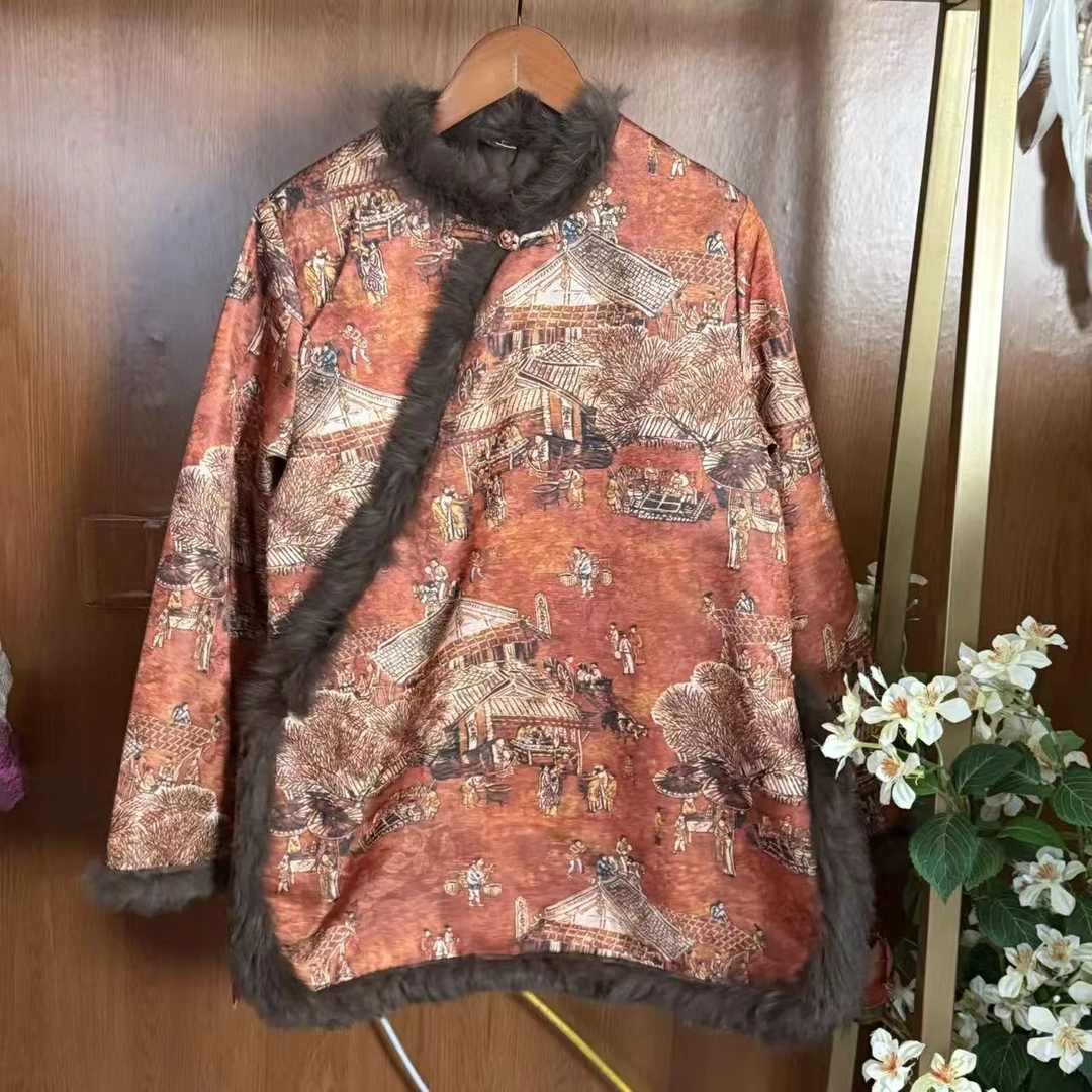 清明上河图！兔毛香云纱棉衣女冬季加棉加厚中式棉袄复古外套XM