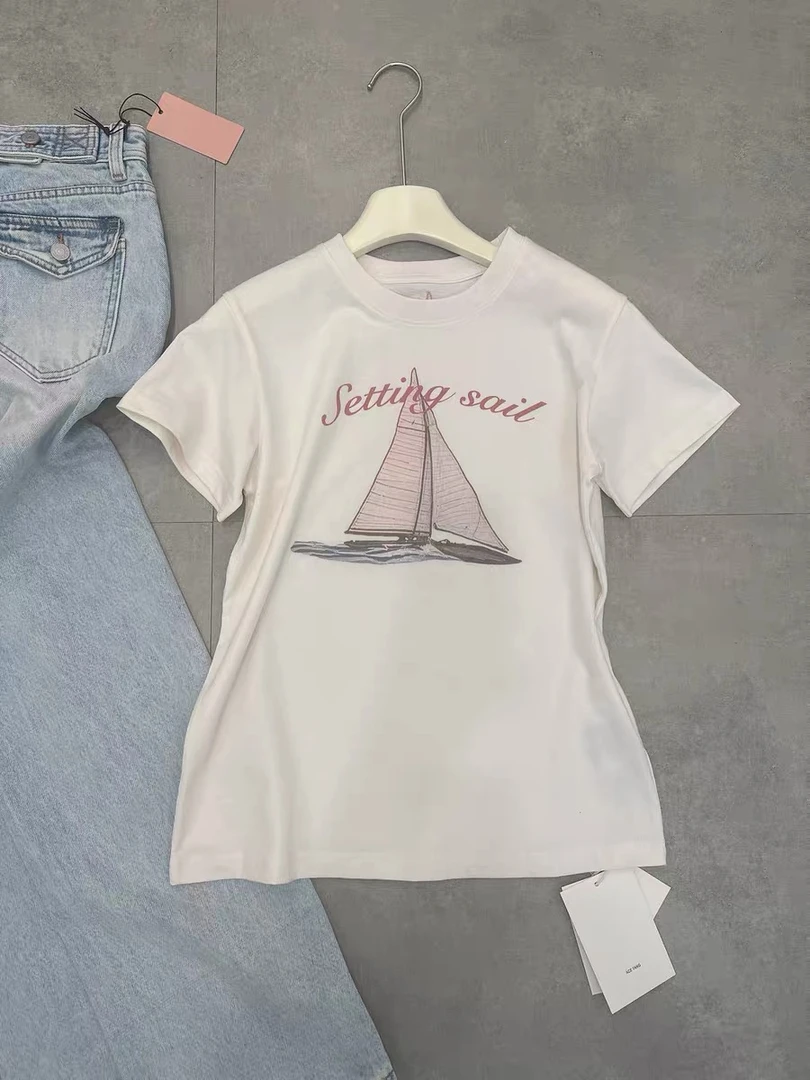 欧货时尚帆船字母印花短袖T恤女新款秋冬圆领温柔风内搭上衣
