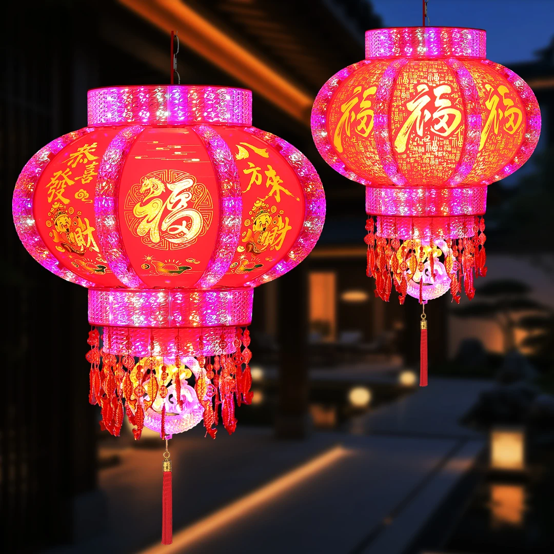 2026新款旋转灯笼大门口一对阳台春节装饰新年七彩福字LED走马灯