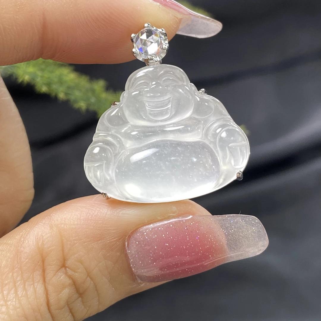 天然石英质玉时尚百搭镶嵌银S925简镶白冰佛公吊坠女士款挂件封底