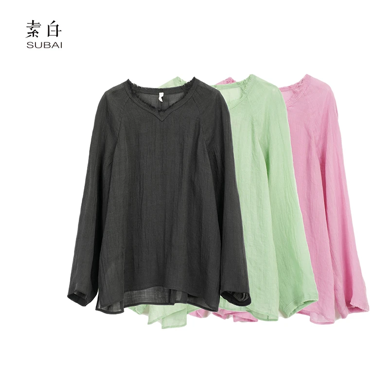 素白【麻小萌】春夏新款轻盈垂坠苎麻V领套头上衣SB2412CP00983