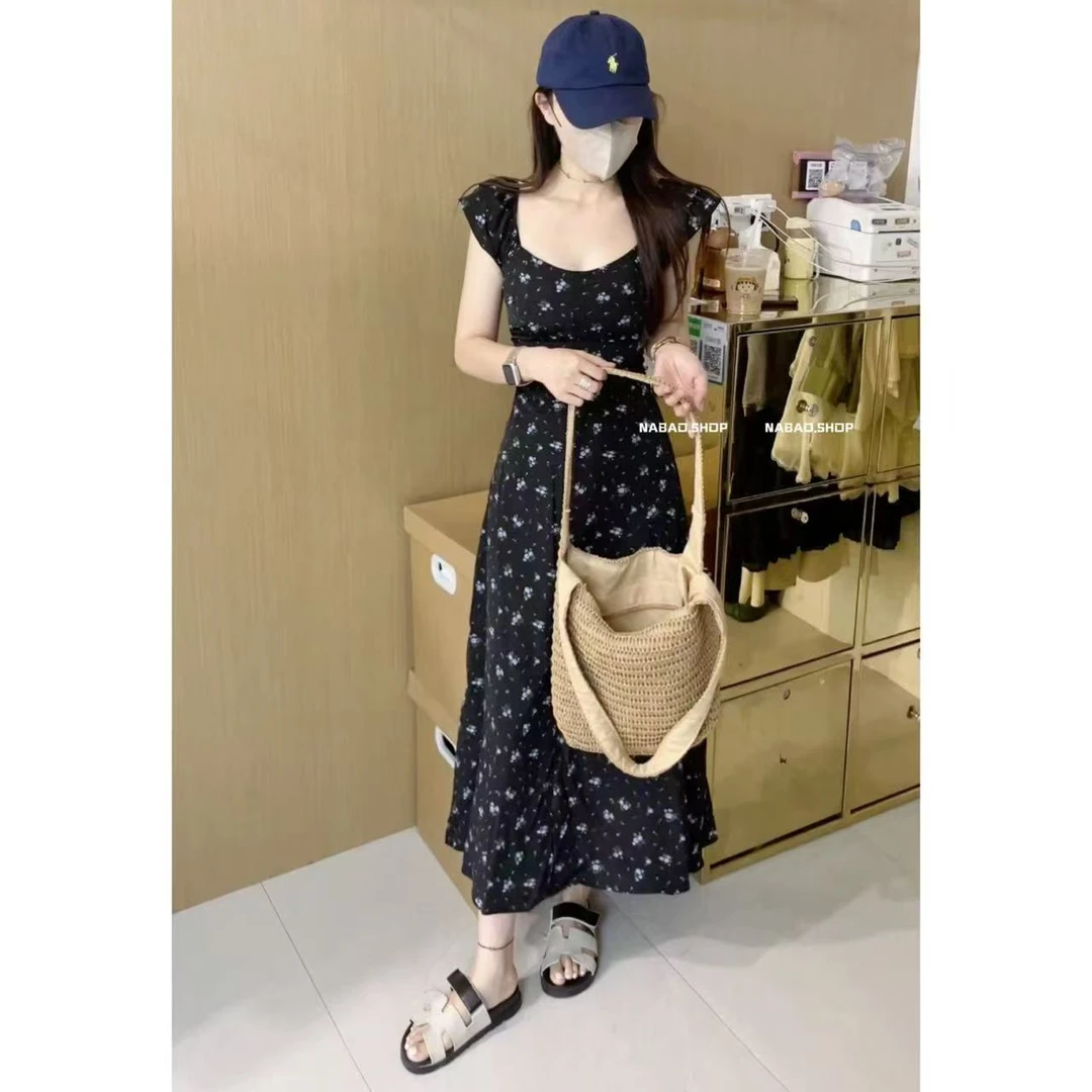 NABAO▶【女蓝色小花度假风法式气质连夜裙】