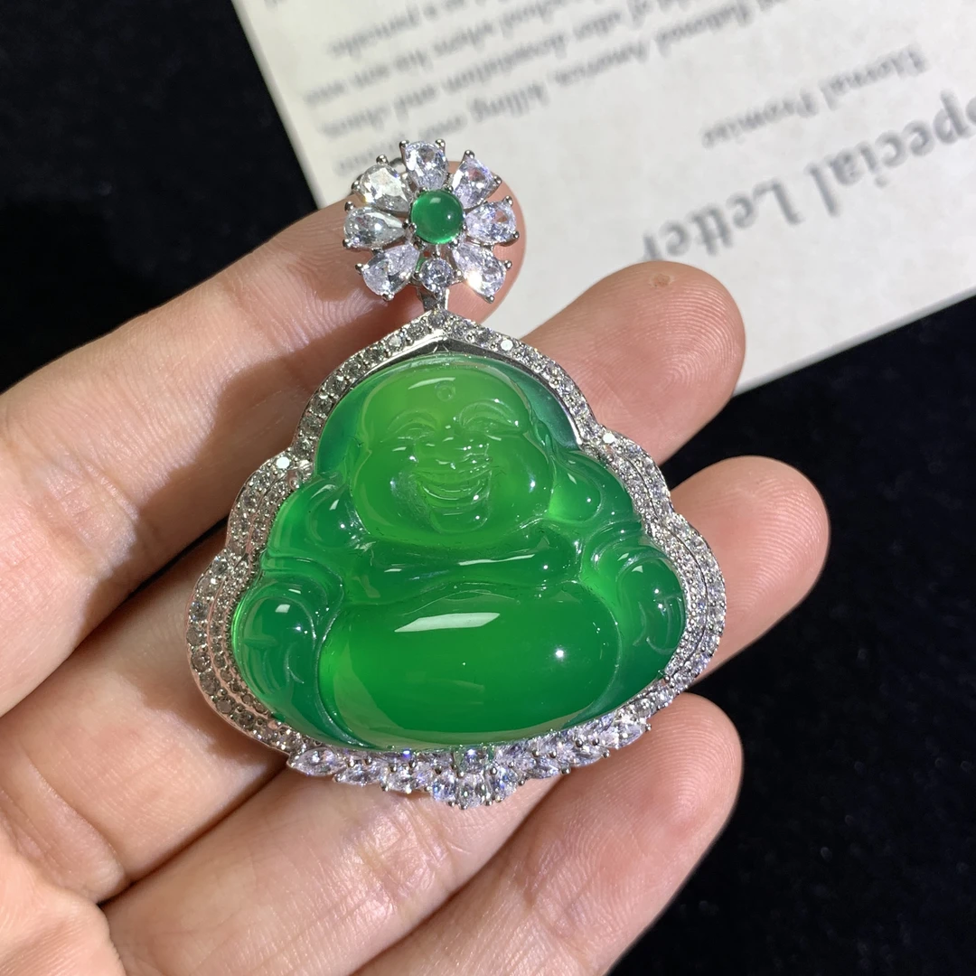 s925银镶嵌巴西绿大肚佛玉坠 天然玉髓弥勒佛吊坠小众品质珠宝女