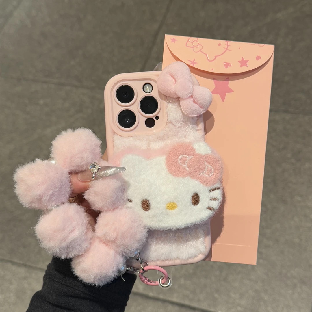 秋冬毛绒凯蒂猫挂绳适用苹果17/16手机壳华为vivo小米oppo女款套