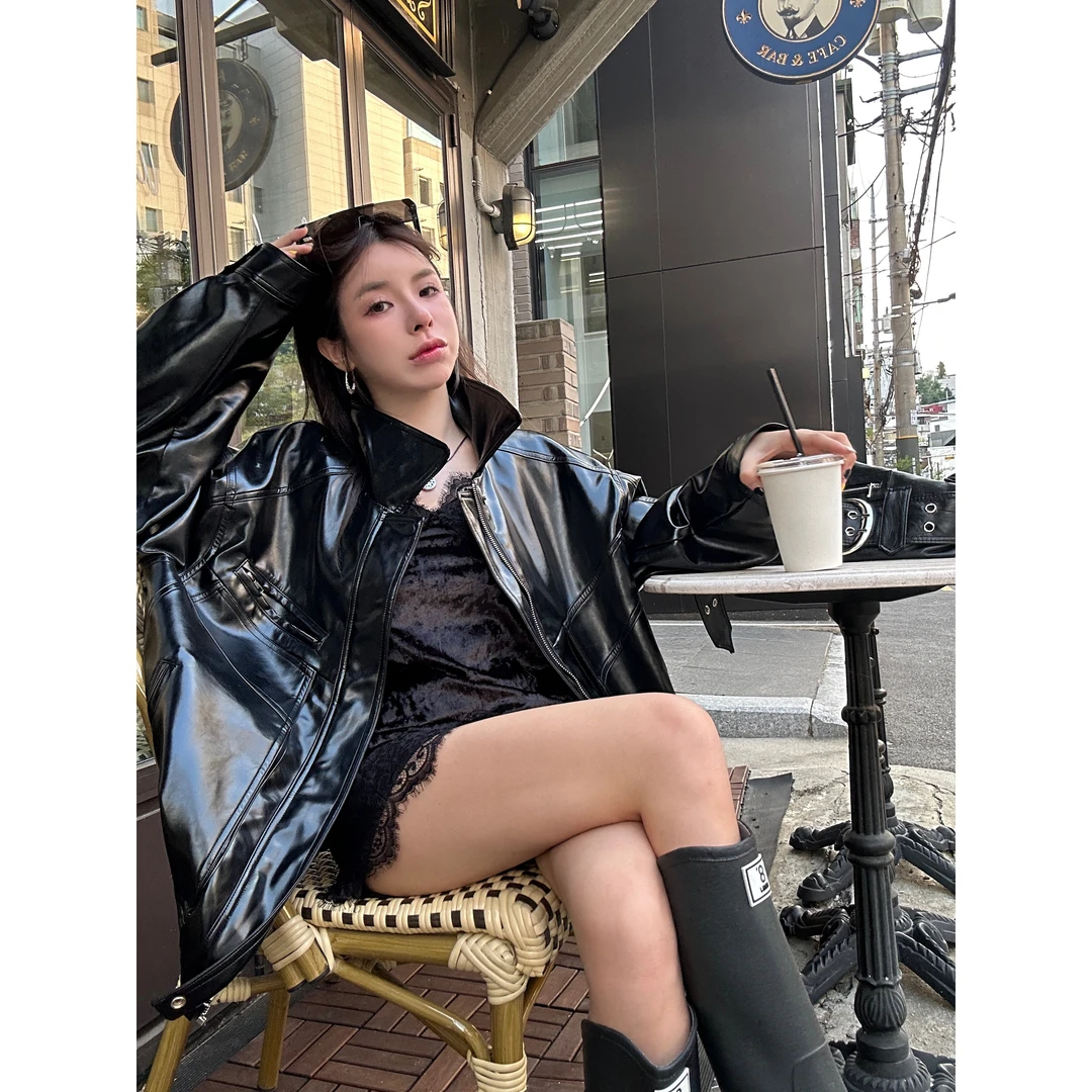 【HuiHui】韩国东大门秋季新款女装纯色油蜡皮皮衣休闲外套（8878)