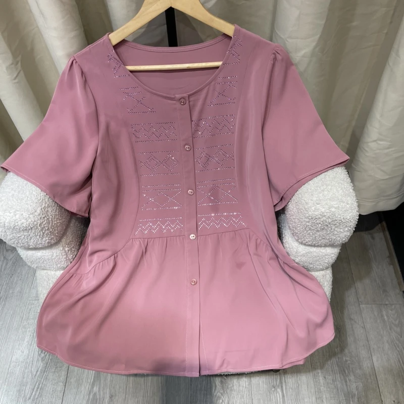 PWD32876【悦林大码】2025新款宽松减龄烫钻大码衬衫短袖【衣长72】
