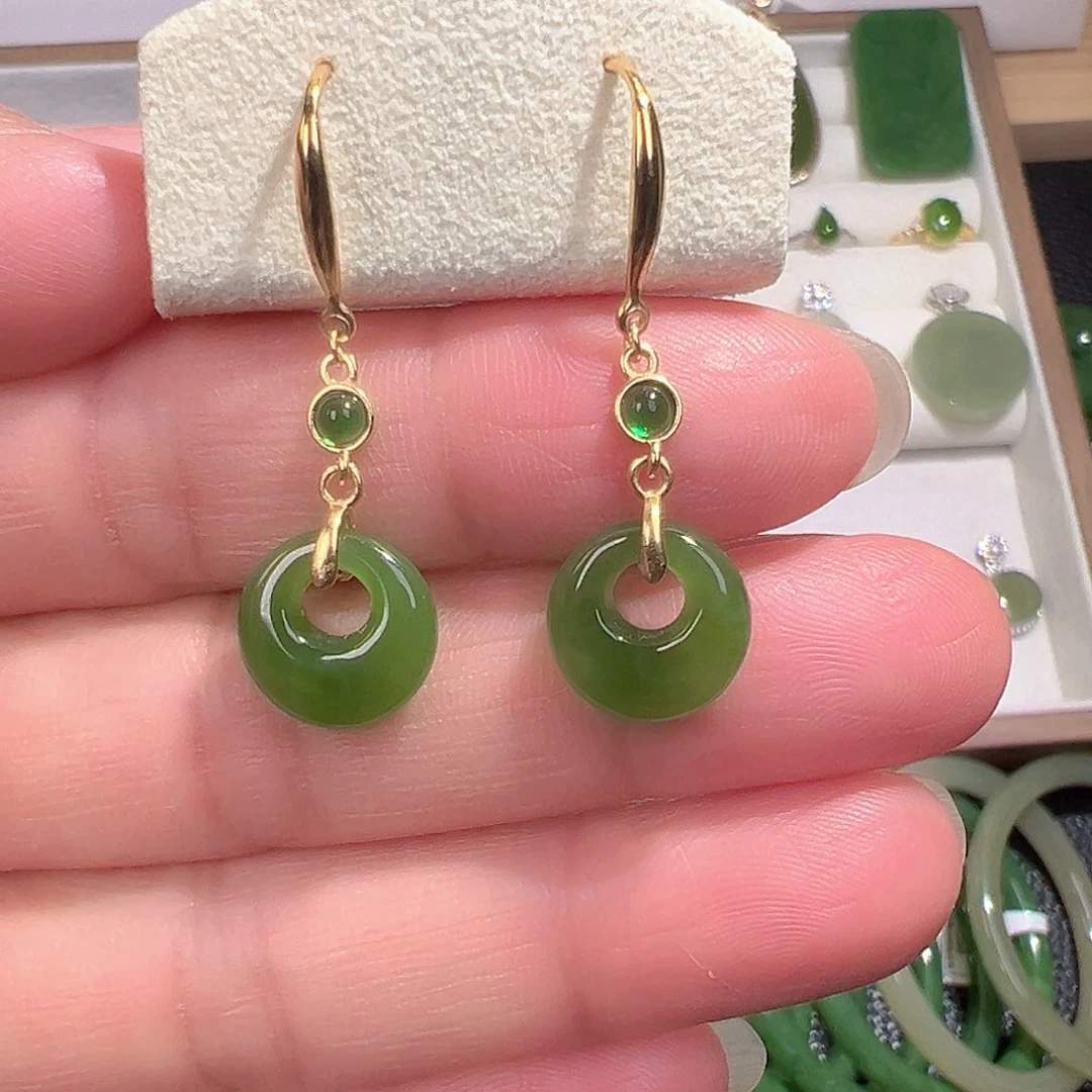 和田玉（碧玉）银S925镀金镶嵌耳饰