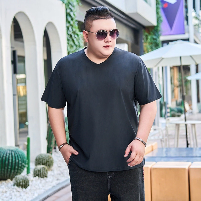 加肥加大男装夏季薄款短袖T恤大码宽松V领胖子冰丝半袖体恤汗衫