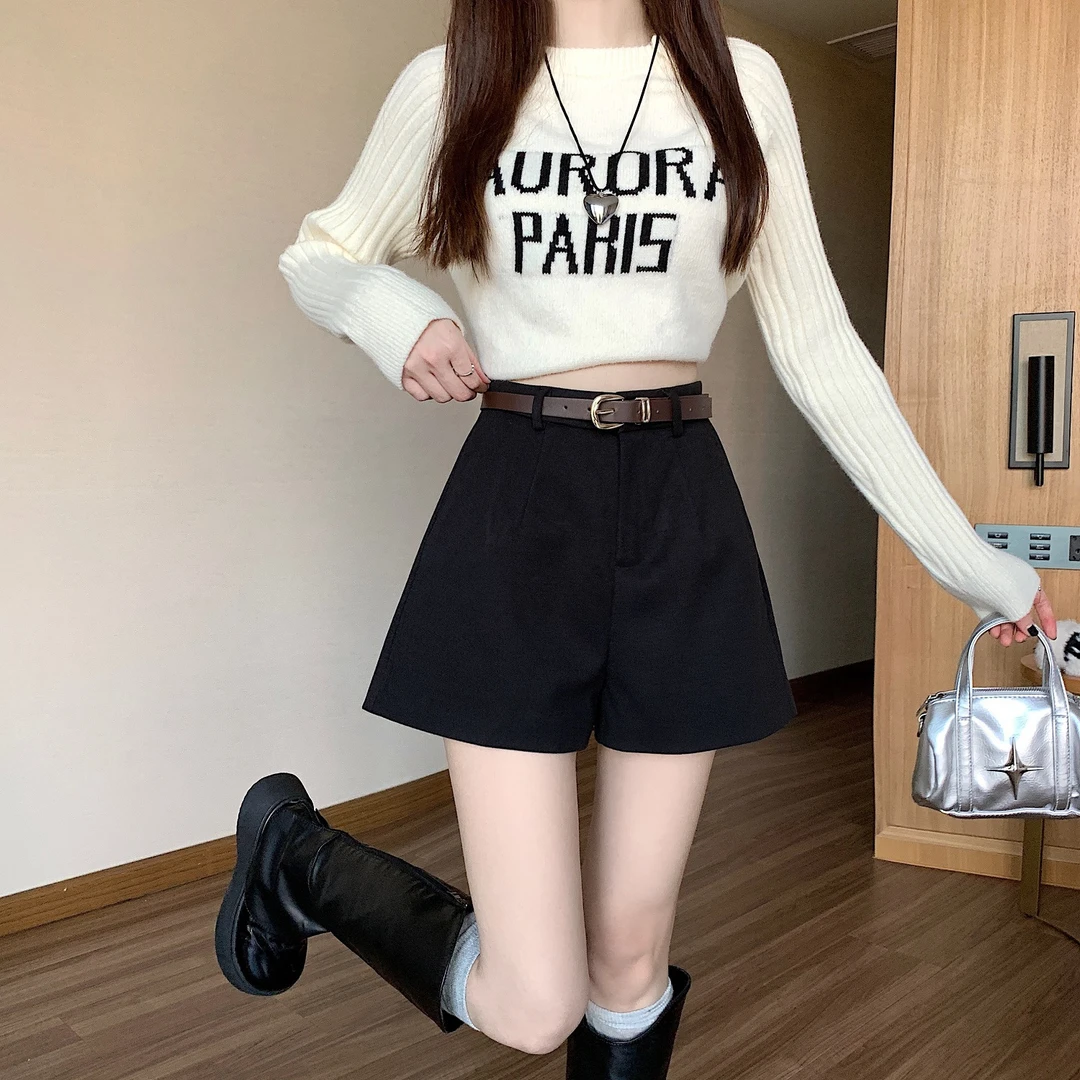 黑色大码毛呢阔腿短裤女秋冬保暖裤裙小个子a字短裤外穿咖色靴裤