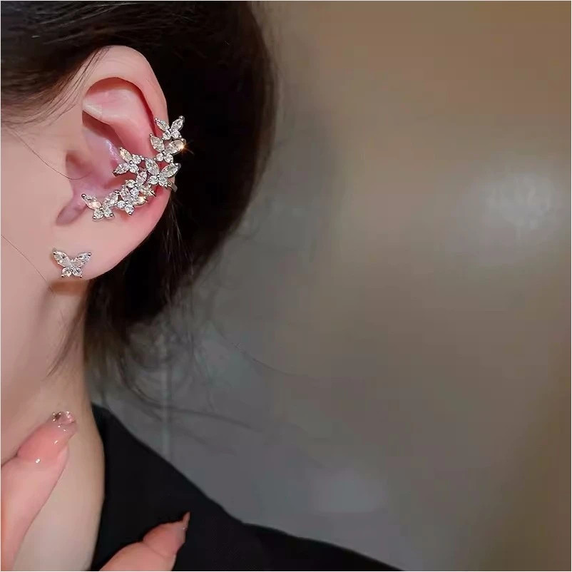 超仙不对称锆石蝴蝶无耳洞耳骨夹轻奢气质百搭耳环小众设计感耳饰