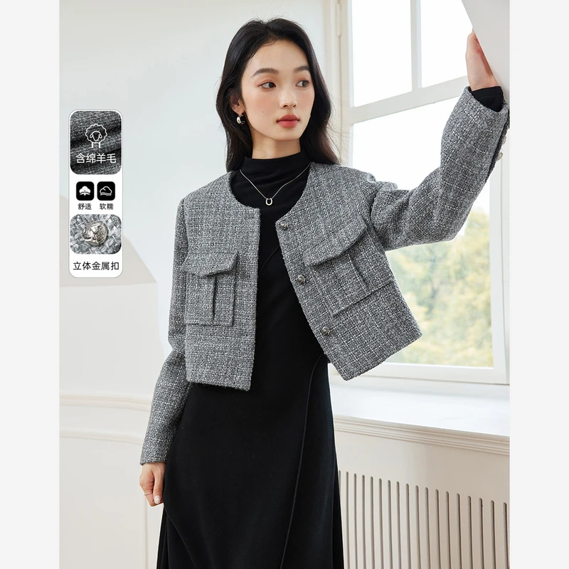 *羊毛混纺灰色外套女2025年新款轻熟风高级感上衣M8750
