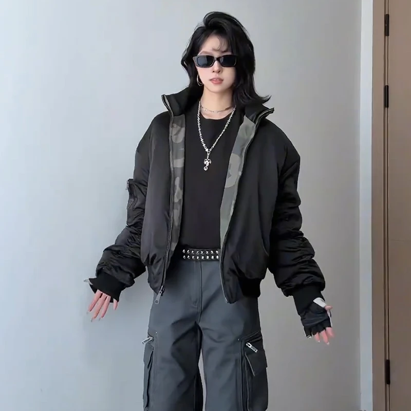 双面穿迷彩飞行夹克棉服男款冬季加厚短款bomber廓形立领棉衣外套