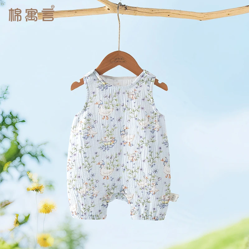 婴儿背心哈衣夏天外穿薄款纯棉纱布新生儿连体衣宝宝无袖吊带爬服