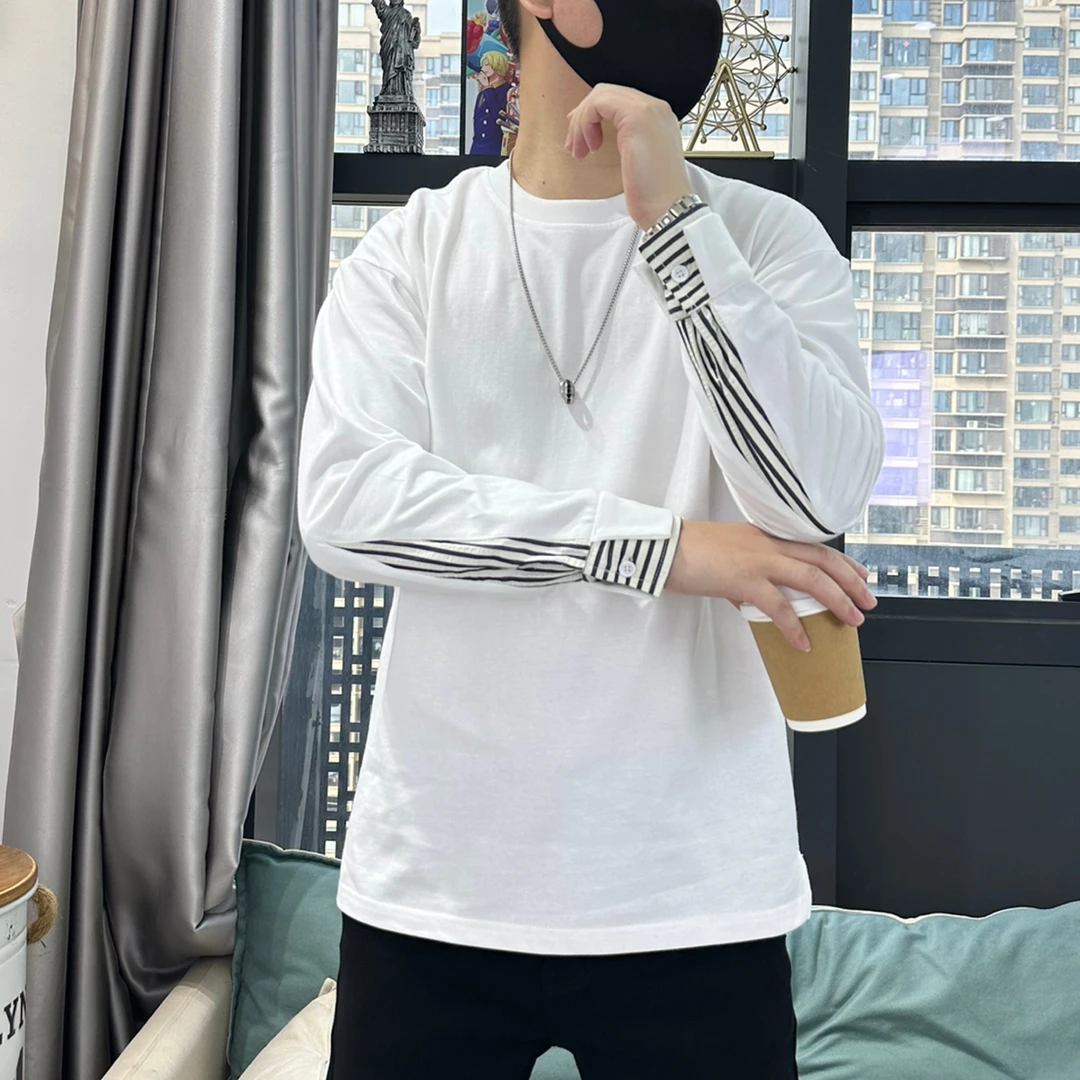 男士秋冬新款极简轻奢手袖拼接时尚百搭高级感纯色纯棉打底衫卫衣