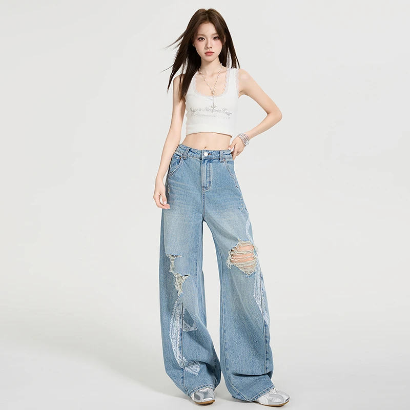 美式浅蓝阔腿牛仔裤女2025春夏新款破洞印花设计高腰显瘦直筒裤子