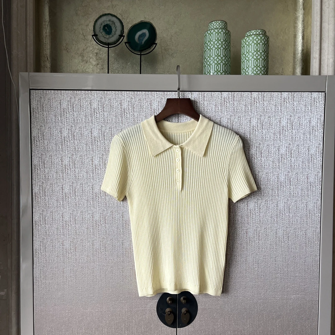 亚麻莱赛尔腈纶针织衫短袖时尚翻领纯色百搭气质