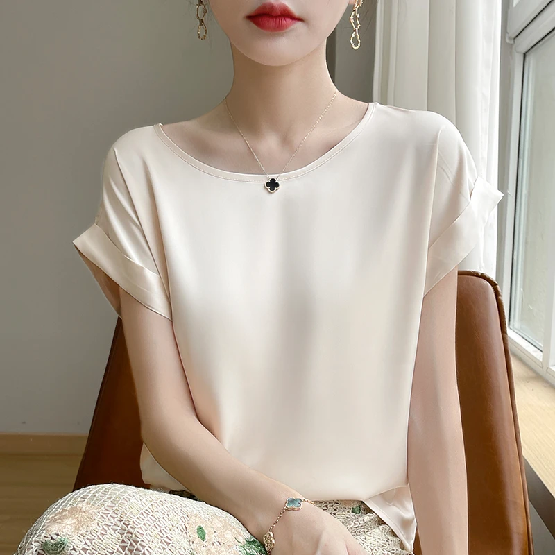 女士丝滑缎面T桖短袖夏季宽松版时尚百搭上衣F137