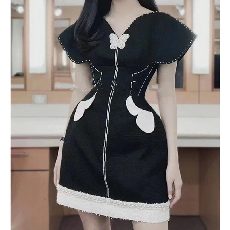 越南小众名媛复古领立体钉珠收腰显瘦粗花呢黑白撞色短裙子1150