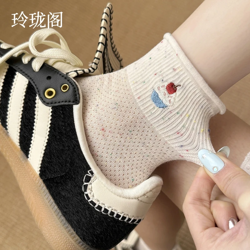 卷边袜子女款2025新款ins潮夏季薄款纯棉中筒袜卡通可爱透气短袜