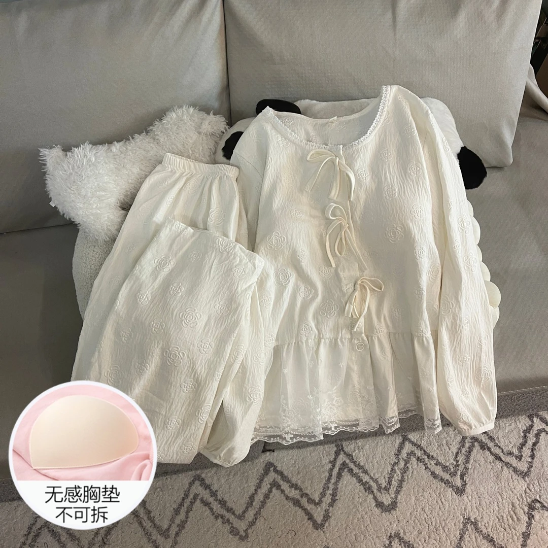 睡衣女春秋季网红风2025新款长袖大码带胸垫套装杏色家可外穿居服