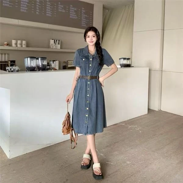 2025夏季新款大码女装牛仔连衣裙胖mm收腰遮肉显瘦中长裙 1547