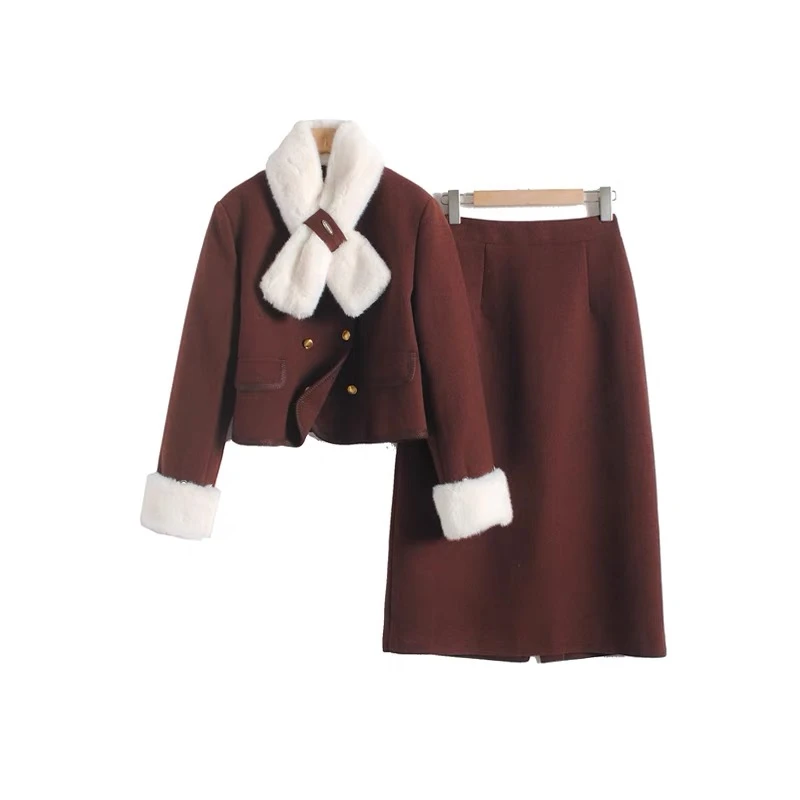 法式小香风夹棉毛呢套装时尚洋气带围巾两件套K24365