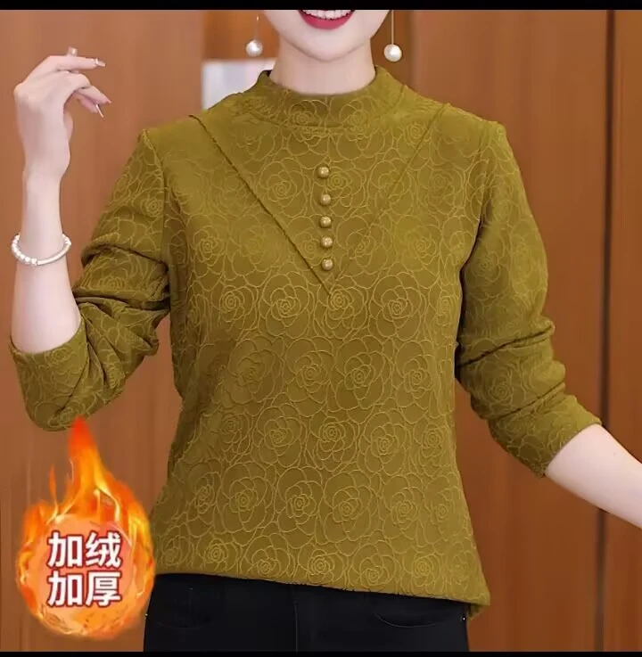 【加绒加厚】冬季新年打底衫女士百搭一体绒保暖上衣洋气 提花小衫
