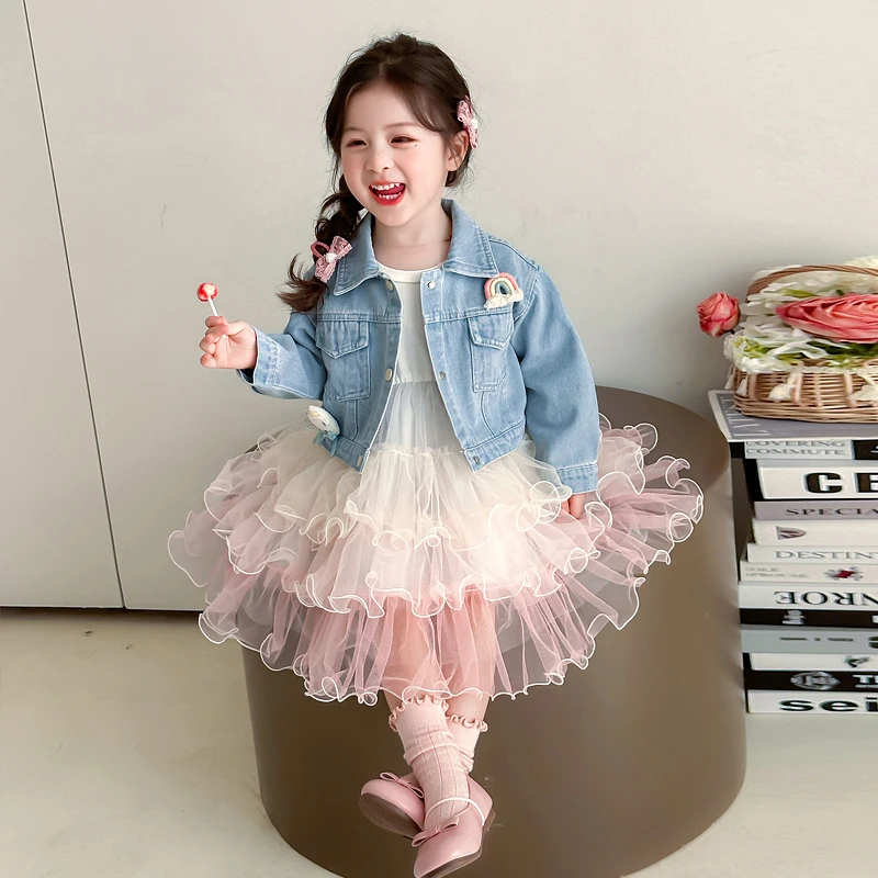 女童连衣裙春秋款蓬蓬纱新款时髦洋气宝宝女孩公主裙套装儿童裙子