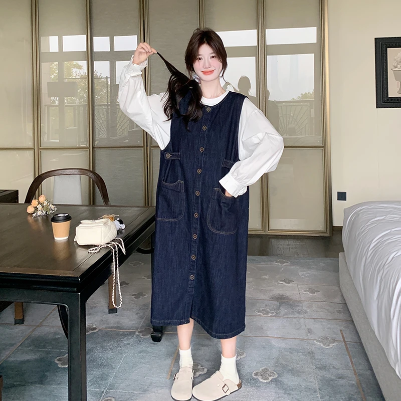 深蓝色牛仔连衣裙套装女2025春季韩系小个子又酷又飒背心裙两件套