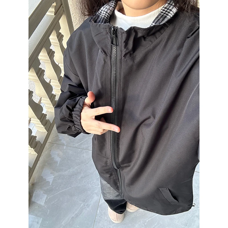 cleanfit黑白格子外套男款春季撞色拼接棒球服美式潮牌青少年夹克