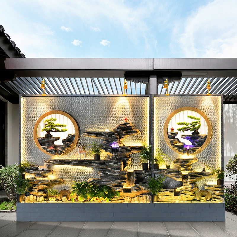户外假山水幕墙中式摆件庭院背景墙装饰适用酒店办公室公司水景