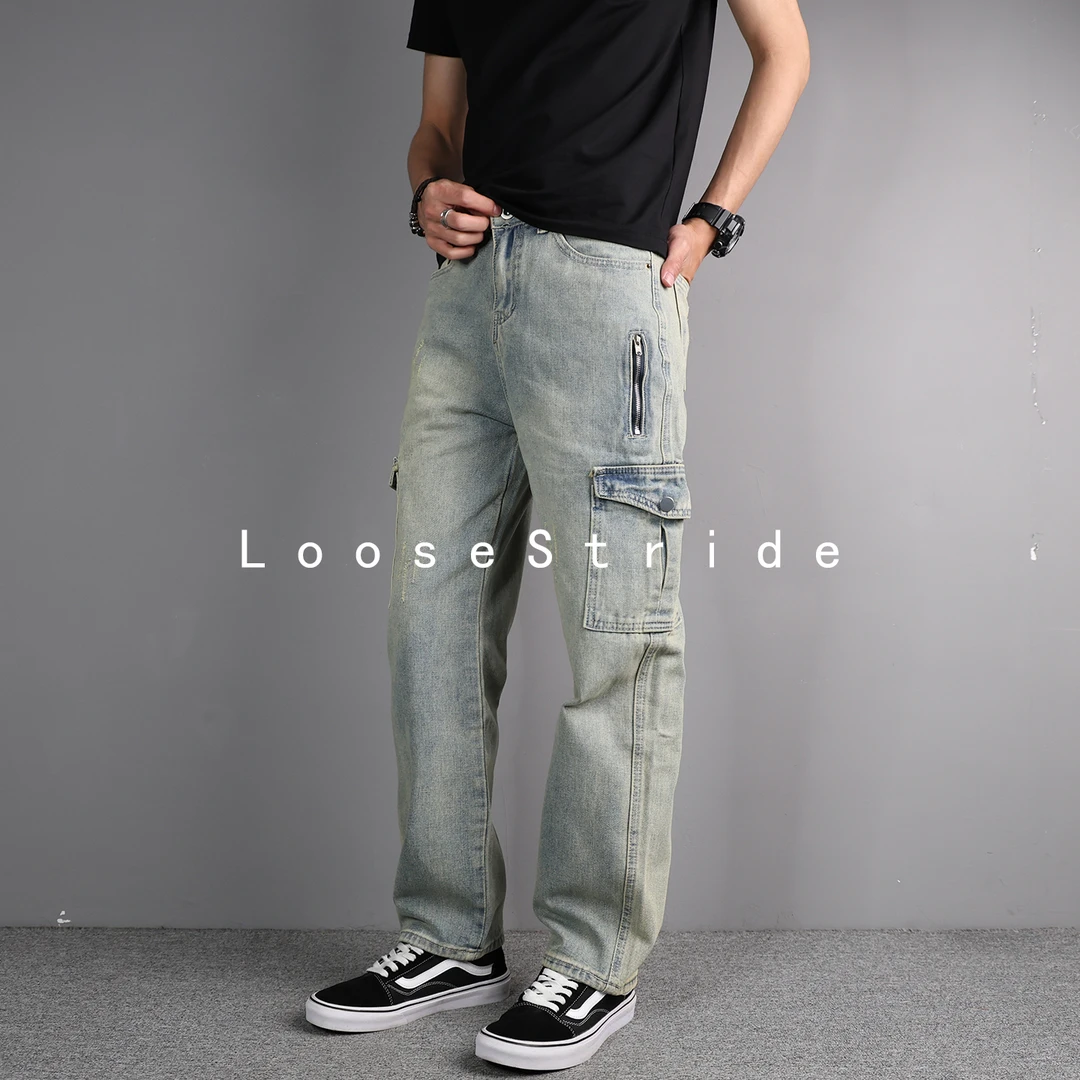 做旧vibe大口袋工装牛仔裤男款秋冬新品宽松直筒高街潮牌痞帅长裤