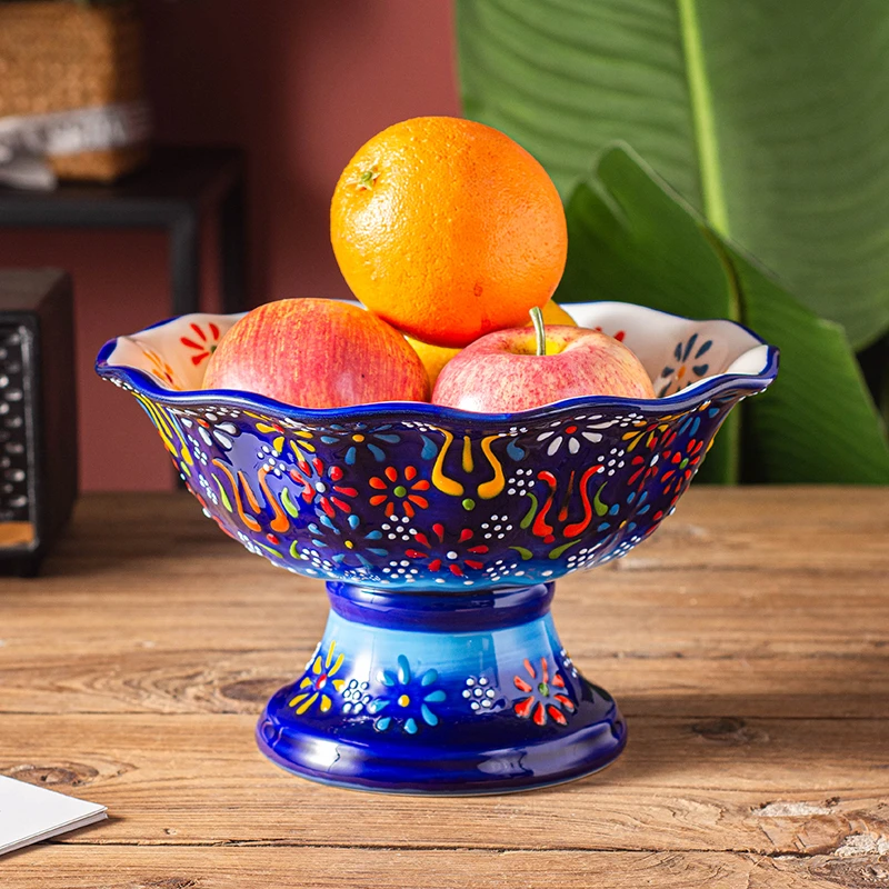 新瓷新疆包邮【海洋之谜】加厚隔热高脚果盘手绘8.5英寸