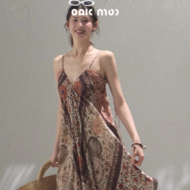 OAKMOO/"香气氤氲"直喷印花波西米亚风吊带连衣裙碎花长裙裙子