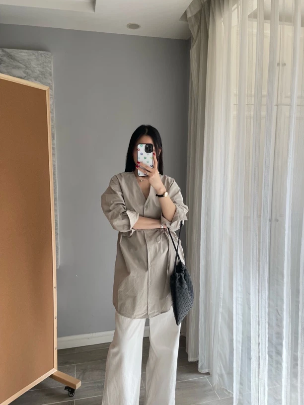 embrace 春夏简约气质V领系带衬衫百搭休闲