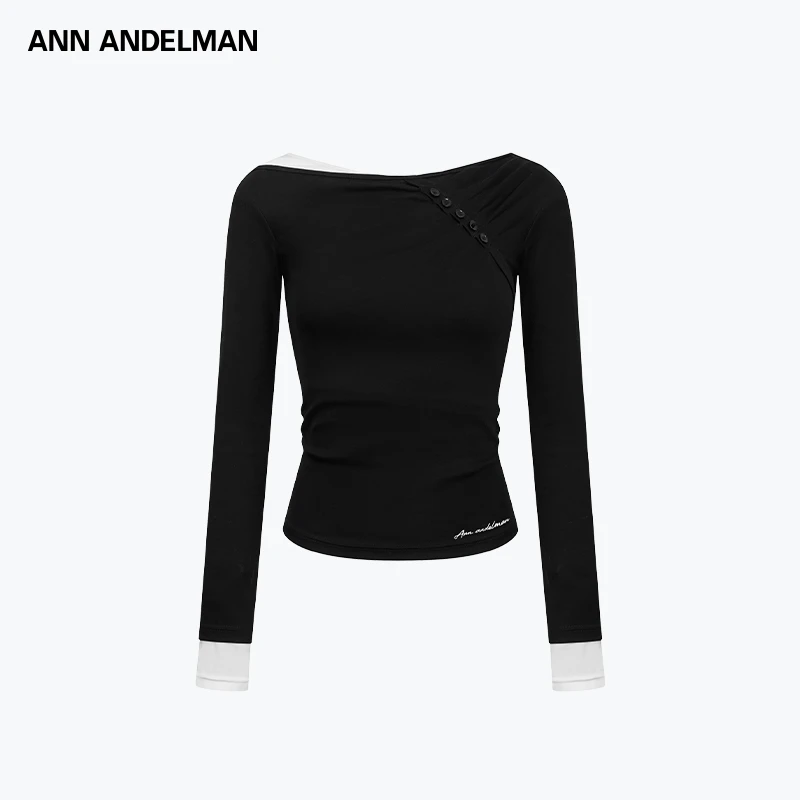 ANN ANDELMAN 假两件薄针织撞色长袖t恤斜肩秋上衣女新款