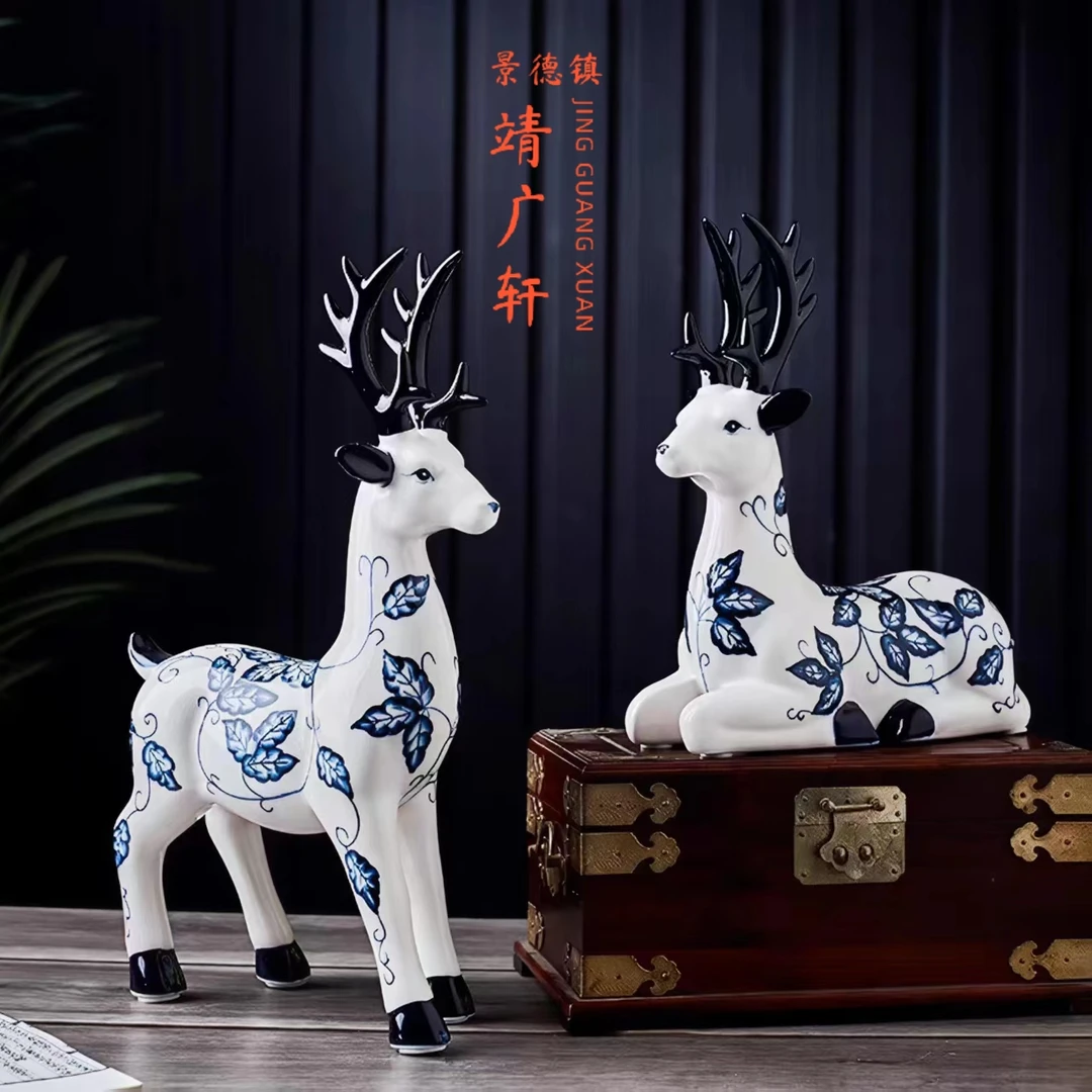 陶瓷情侣鹿摆件客厅书房玄关柜装饰品新中式家居创意摆件日常礼物