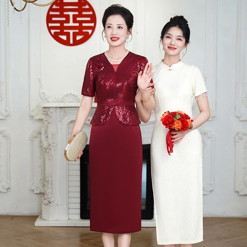 5944年轻气质喜婆婆婚宴装2025新款结婚妈妈遮肚子婚宴礼服连衣裙