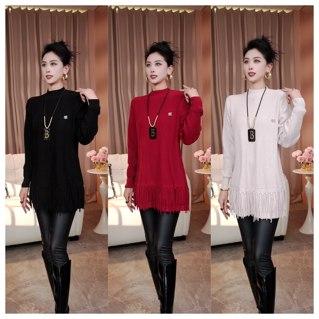 秋冬新款 优雅气质时尚流苏设计圆领宽松中长加厚款长袖针织毛衣