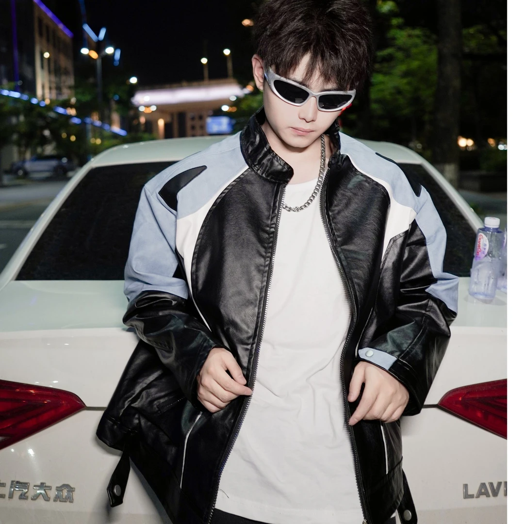 新款潮男机车夹克立领皮衣情侣款秋冬宽松百搭外套休闲皮衣皮夹克